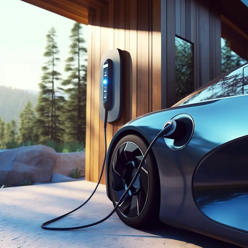 Electric car plugged to charging station outside home
